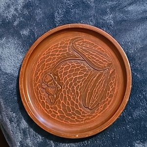 Vintage Japanese Kamakura Bori Carved Round Wood Plate Tray, Orchid 8.5"